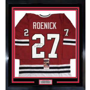 Framed Autographed/Signed Jeremy Roenick 35x39 Chicago Red Hockey Jersey JSA COA