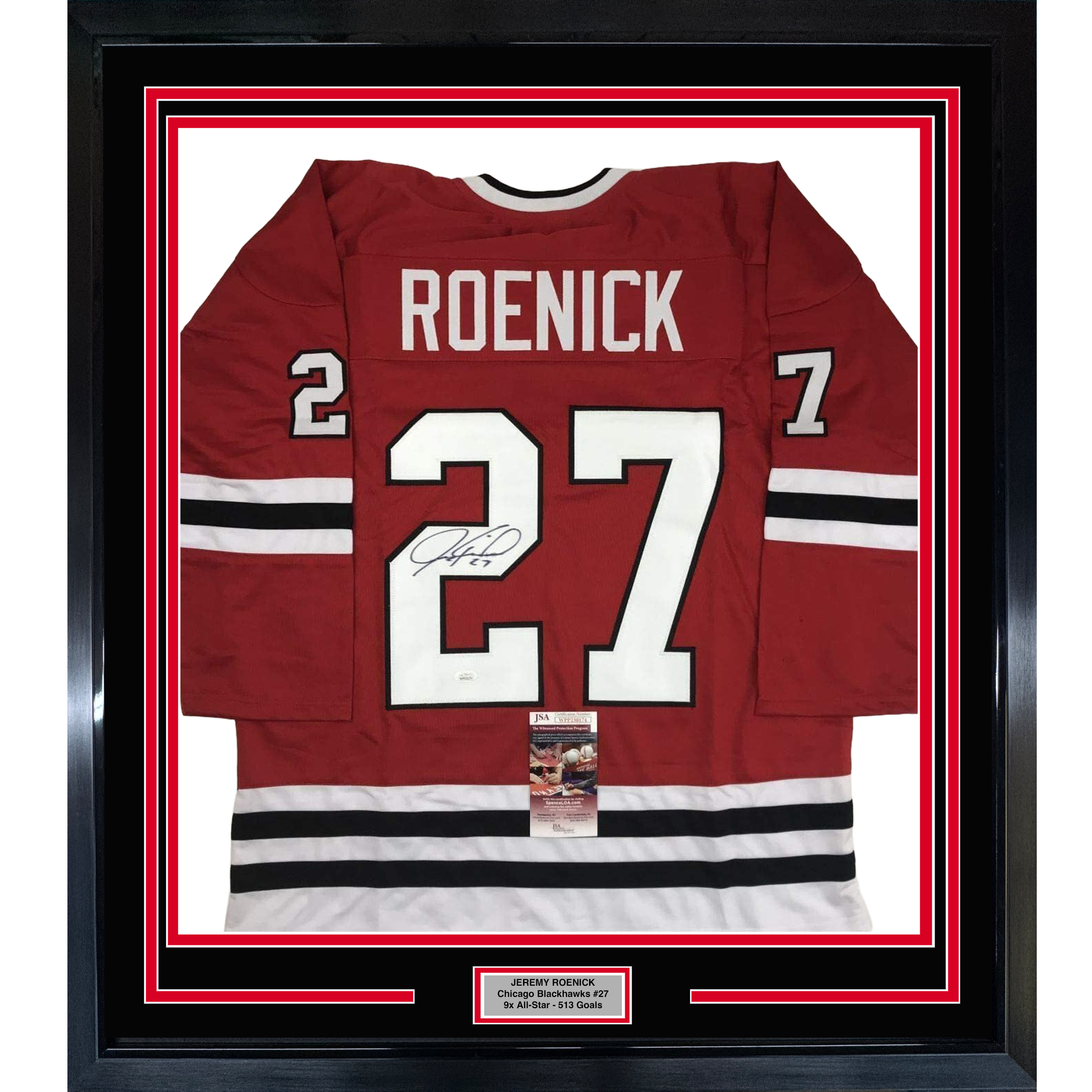 Framed Autographed/Signed Jeremy Roenick 35x39 Chicago Red Hockey Jersey JSA COA