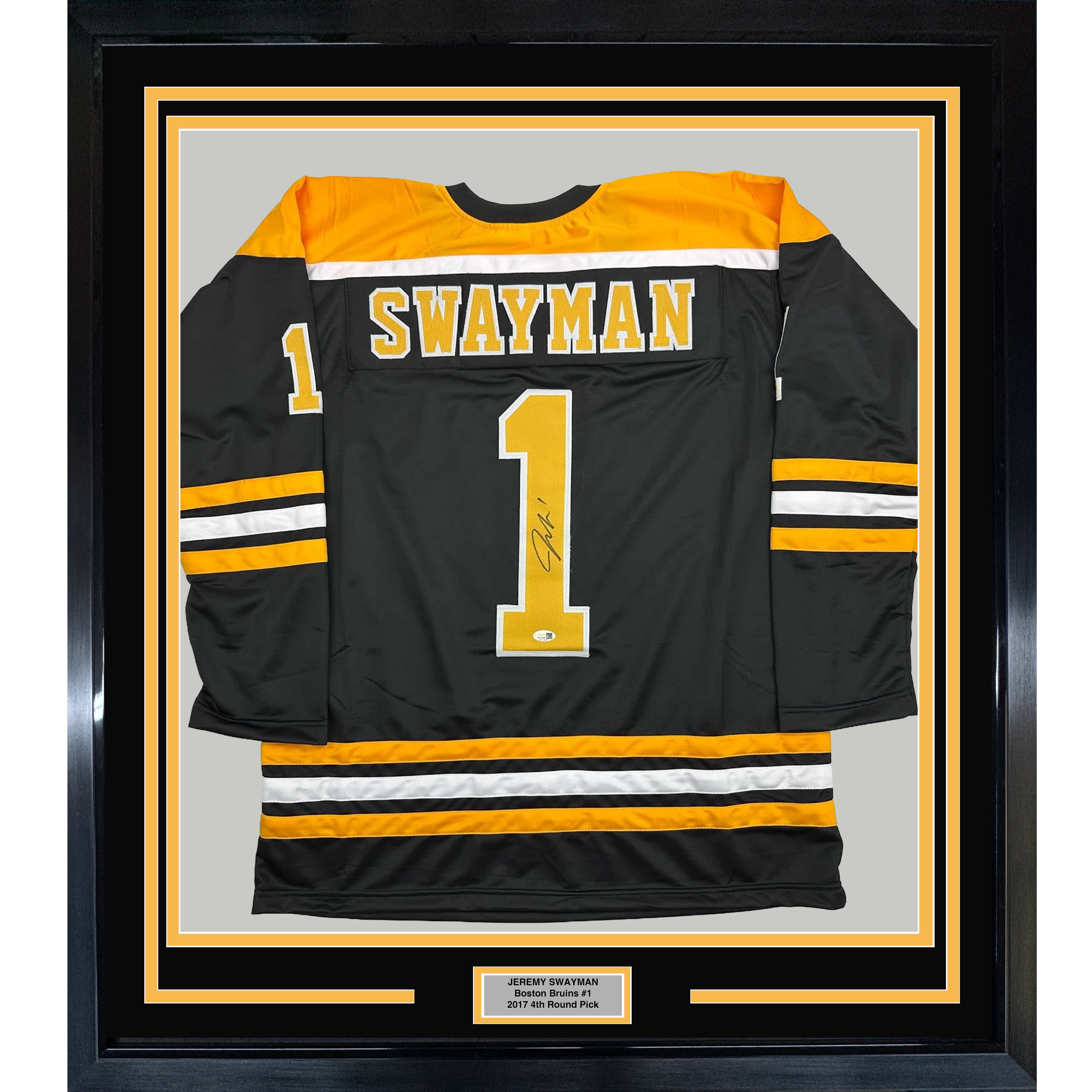 Framed Autographed/Signed Jeremy Swayman 35x39 Boston Black Hockey Jersey JSA COA