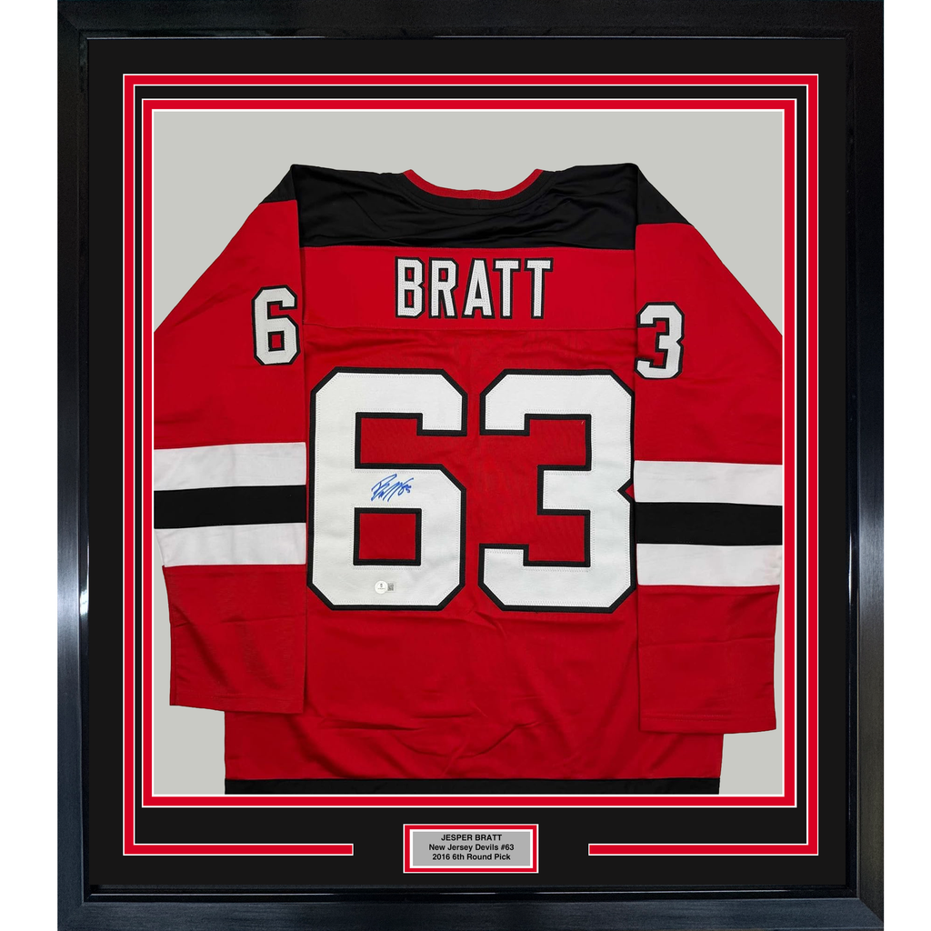 Framed Autographed/Signed Jesper Bratt 35x39 New Jersey Red Hockey Jersey Beckett BAS COA