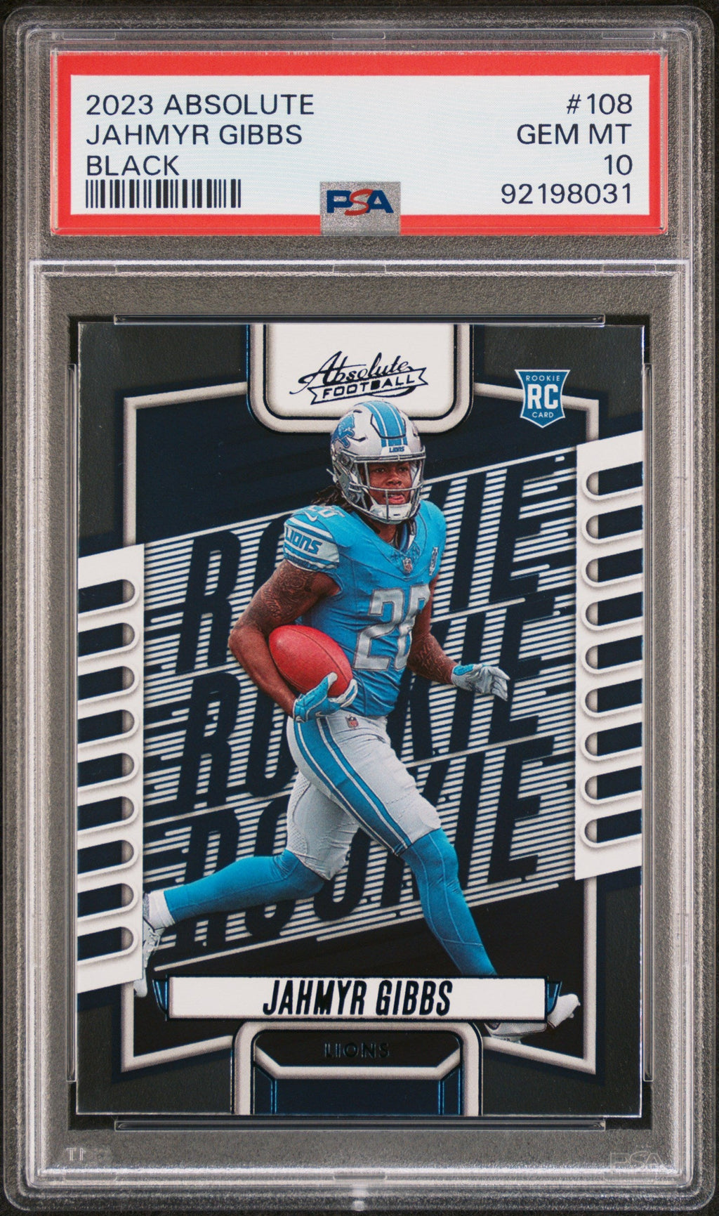 Graded 2023 Panini Absolute Jahmyr Gibbs #108 Black Rookie RC Football Card PSA 10 Gem Mint