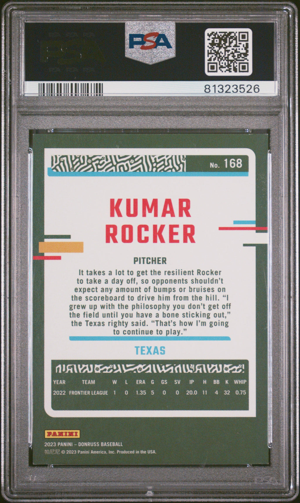 Graded 2023 Panini Donruss Kumar Rocker #168 Presidential Collection #/46 Rookie RC Baseball Card PSA 10 Gem Mint