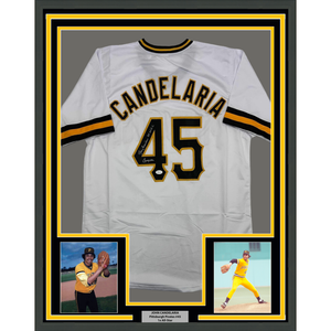 Framed Autographed/Signed John Candelaria 35x39 Pittsburgh White Baseball Jersey JSA COA