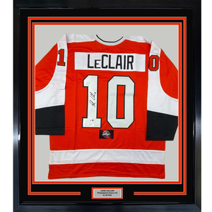 Framed Autographed/Signed John LeClair 35x39 Philadelphia Orange Hockey Jersey Leaf Authentics COA