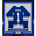 Framed Autographed/Signed Johnny Bower 35x39 Toronto Blue Hockey Jersey JSA COA
