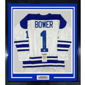 Framed Autographed/Signed Johnny Bower HOF 76 35x39 Toronto Blue Hockey Jersey JSA COA
