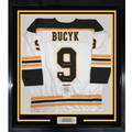 Framed Autographed/Signed Johnny John Bucyk HOF 1981 35x39 Boston White Hockey Jersey JSA COA