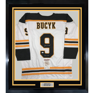 Framed Autographed/Signed Johnny John Bucyk HOF 1981 35x39 Boston White Hockey Jersey JSA COA
