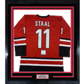 Framed Autographed/Signed Jordan Staal 35x39 Carolina Red Hockey Jersey Beckett BAS COA