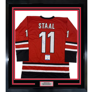 Framed Autographed/Signed Jordan Staal 35x39 Carolina Red Hockey Jersey Beckett BAS COA