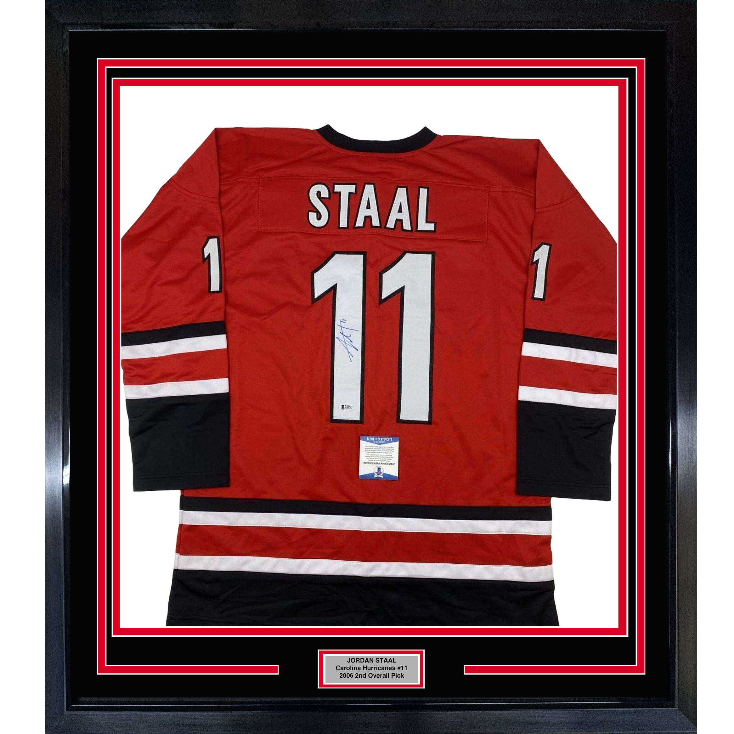 Framed Autographed/Signed Jordan Staal 35x39 Carolina Red Hockey Jersey Beckett BAS COA