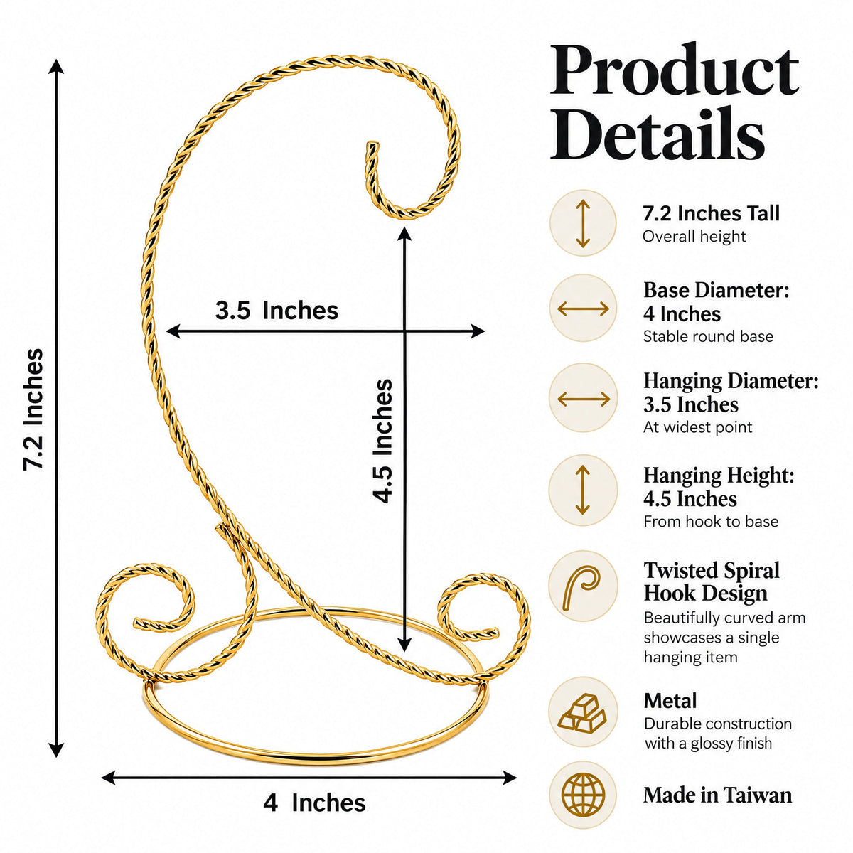 Twisted Wire Gold Metal Ornament Stand Display 7.2 Inches