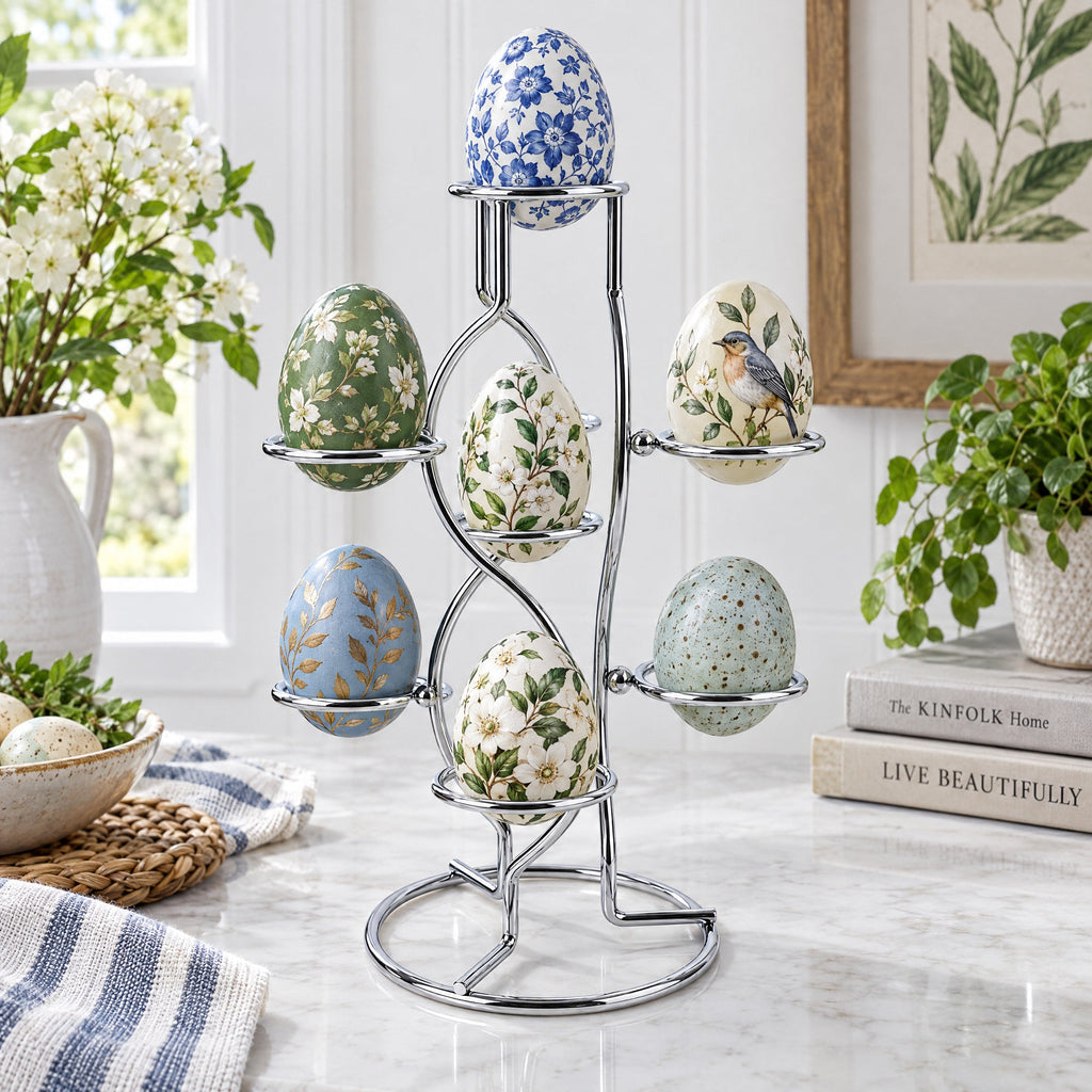 7-Ring 3-Tier Silver Wire Metal Sphere Crystals Egg Stand Holder Display 7.4 Inches