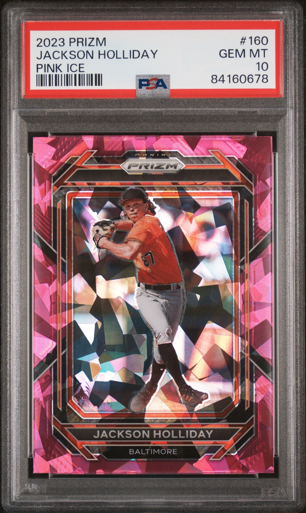Graded 2023 Panini Prizm Jackson Holliday #160 Pink Ice Rookie RC Baseball Card PSA 10 Gem Mint