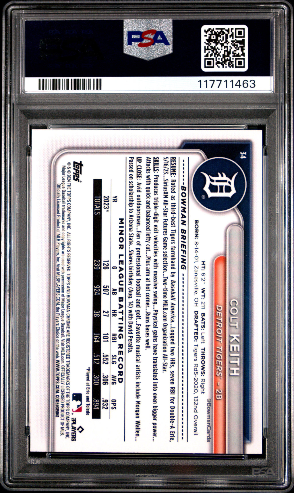 Graded 2024 Topps Bowman Chrome Colt Keith #34 Rookie RC Baseball Card PSA 9 Mint