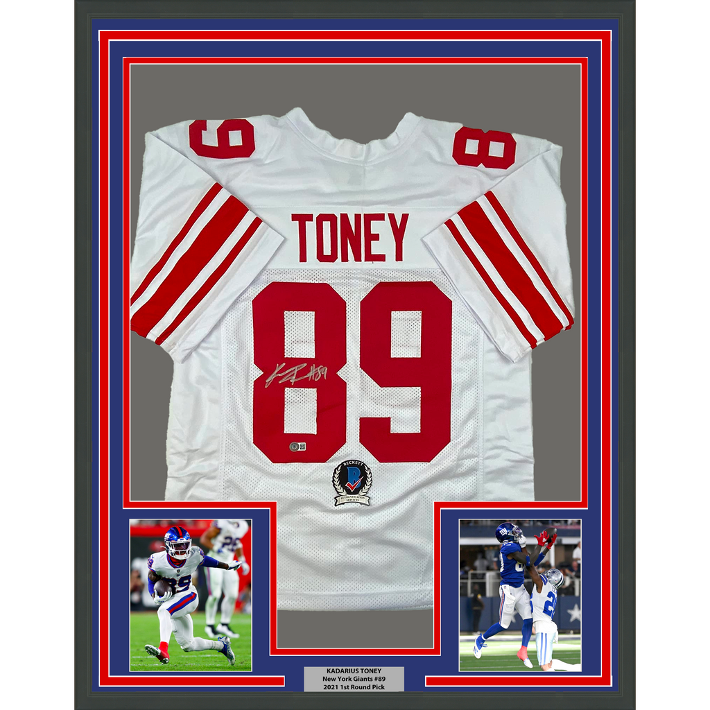 Framed Autographed/Signed Kadarius Toney 35x39 New York White Football Jersey Beckett BAS COA
