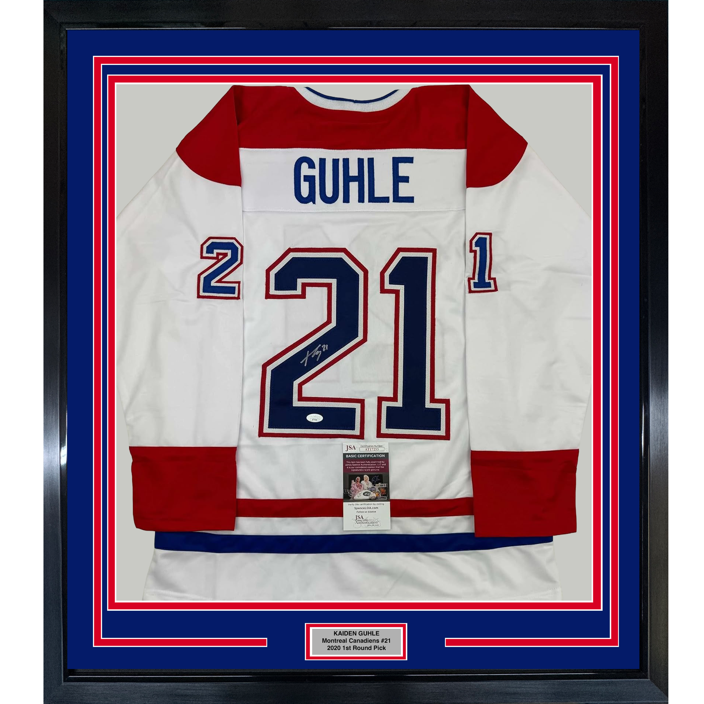 Framed Autographed/Signed Kaiden Guhle 35x39 Montreal White Hockey Jersey JSA COA