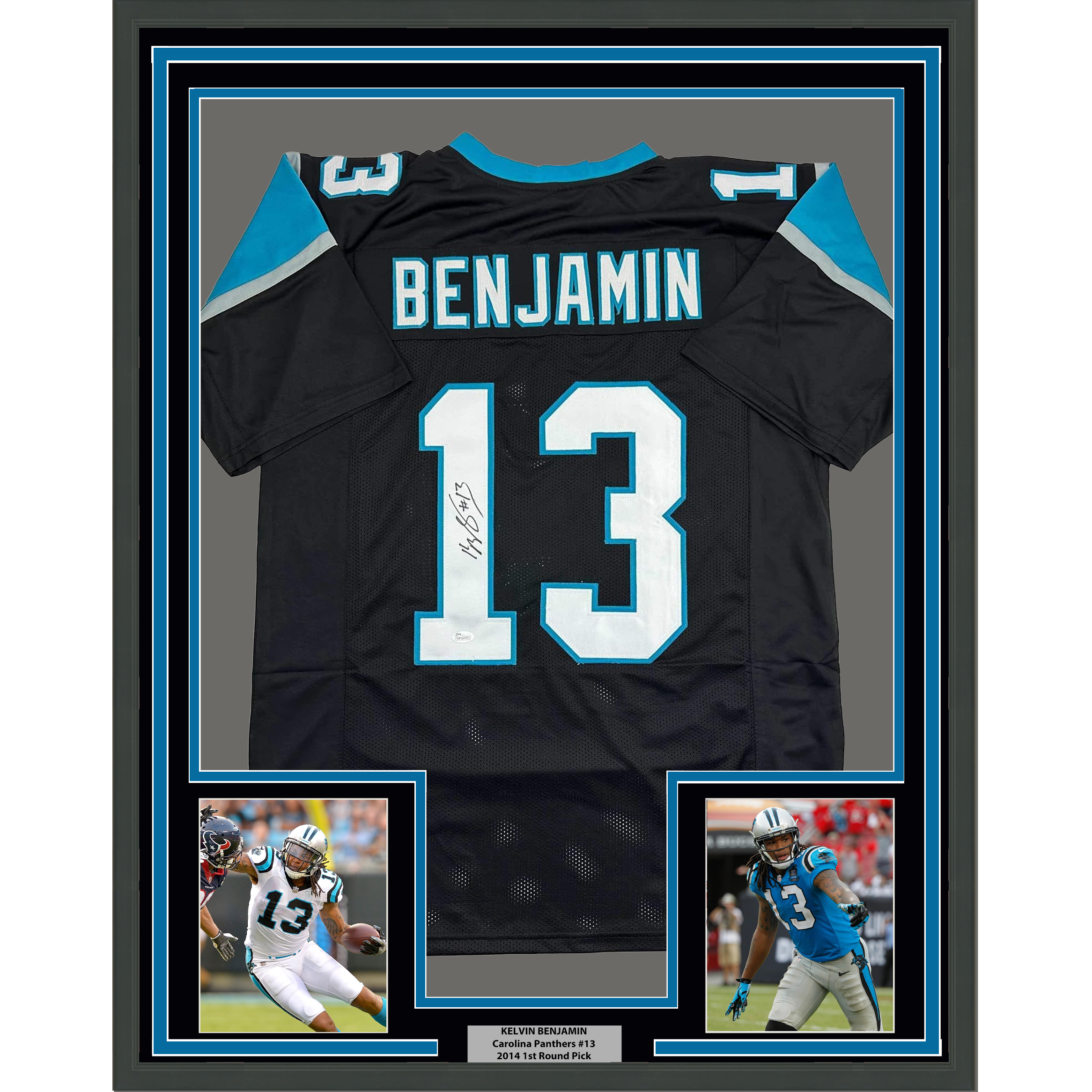 Framed Autographed/Signed Kelvin Benjamin 35x39 Carolina Black Football Jersey JSA COA