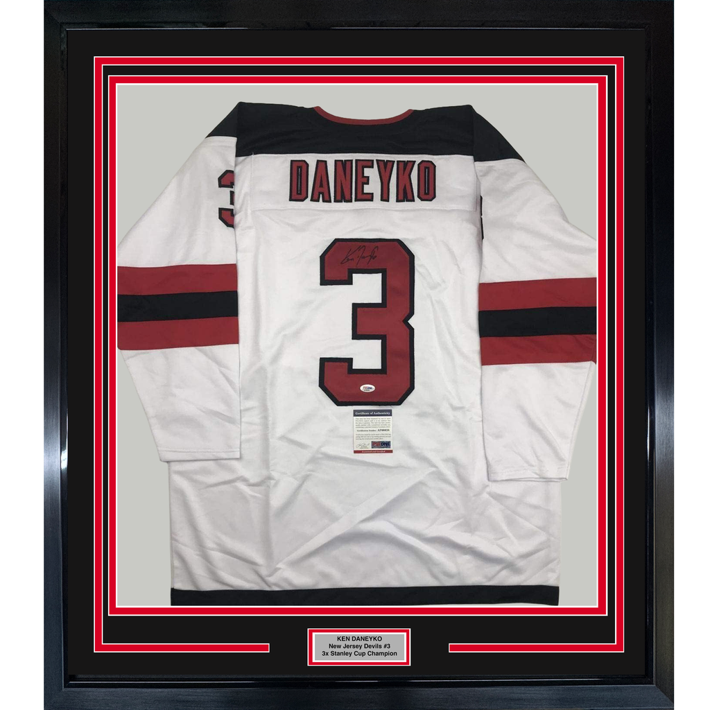 Framed Autographed/Signed Ken Daneyko 35x39 New Jersey White Hockey Jersey PSA/DNA COA