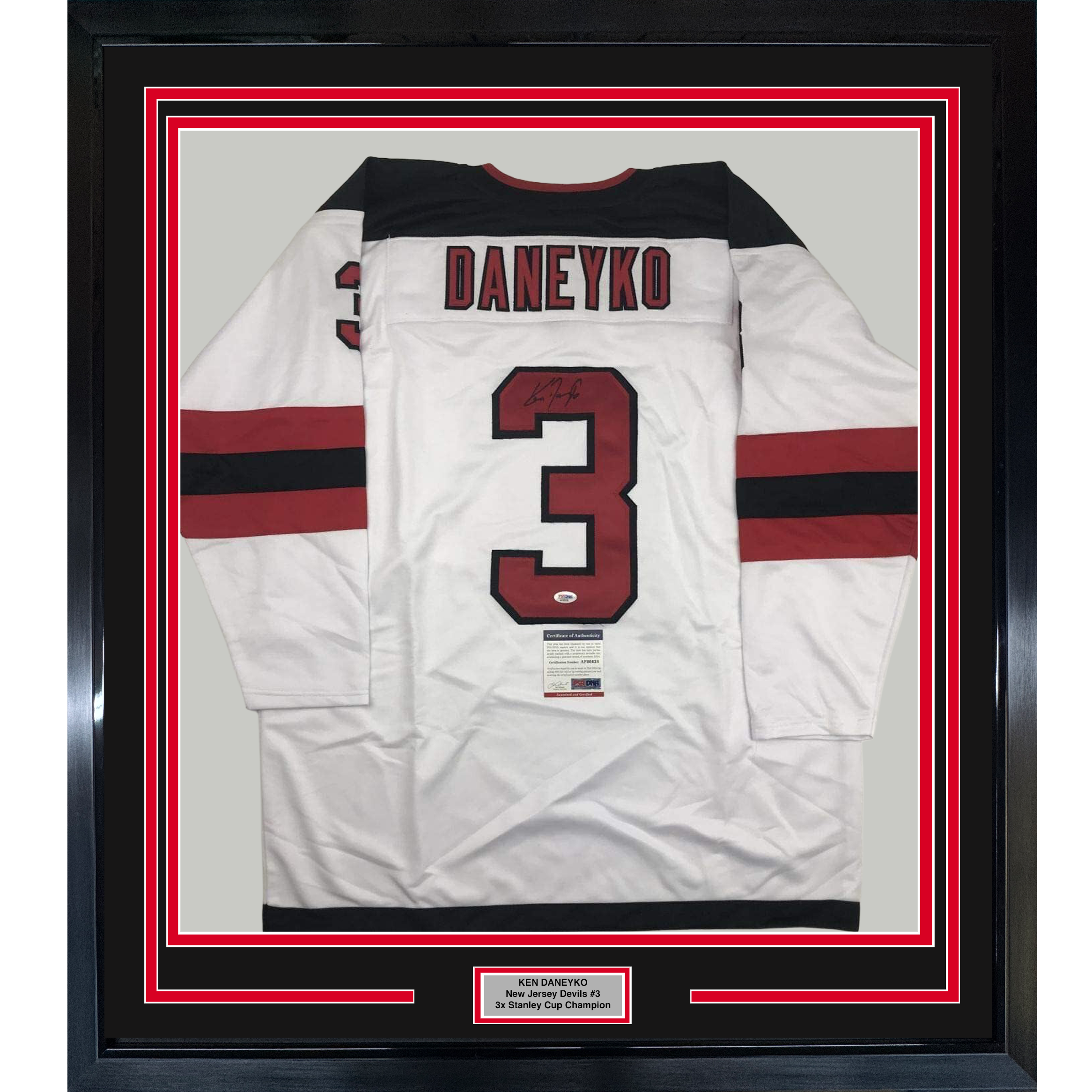 Framed Autographed/Signed Ken Daneyko 35x39 New Jersey White Hockey Jersey PSA/DNA COA