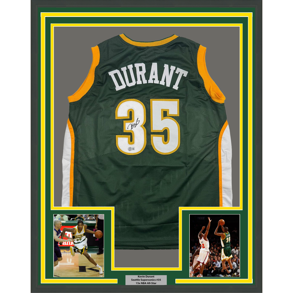 Framed Autographed/Signed Kevin Durant 35x39 Seattle Green Basketball Jersey Beckett BAS COA