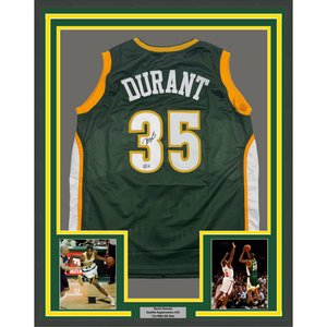 Framed Autographed/Signed Kevin Durant 35x39 Seattle Green Basketball Jersey Beckett BAS COA