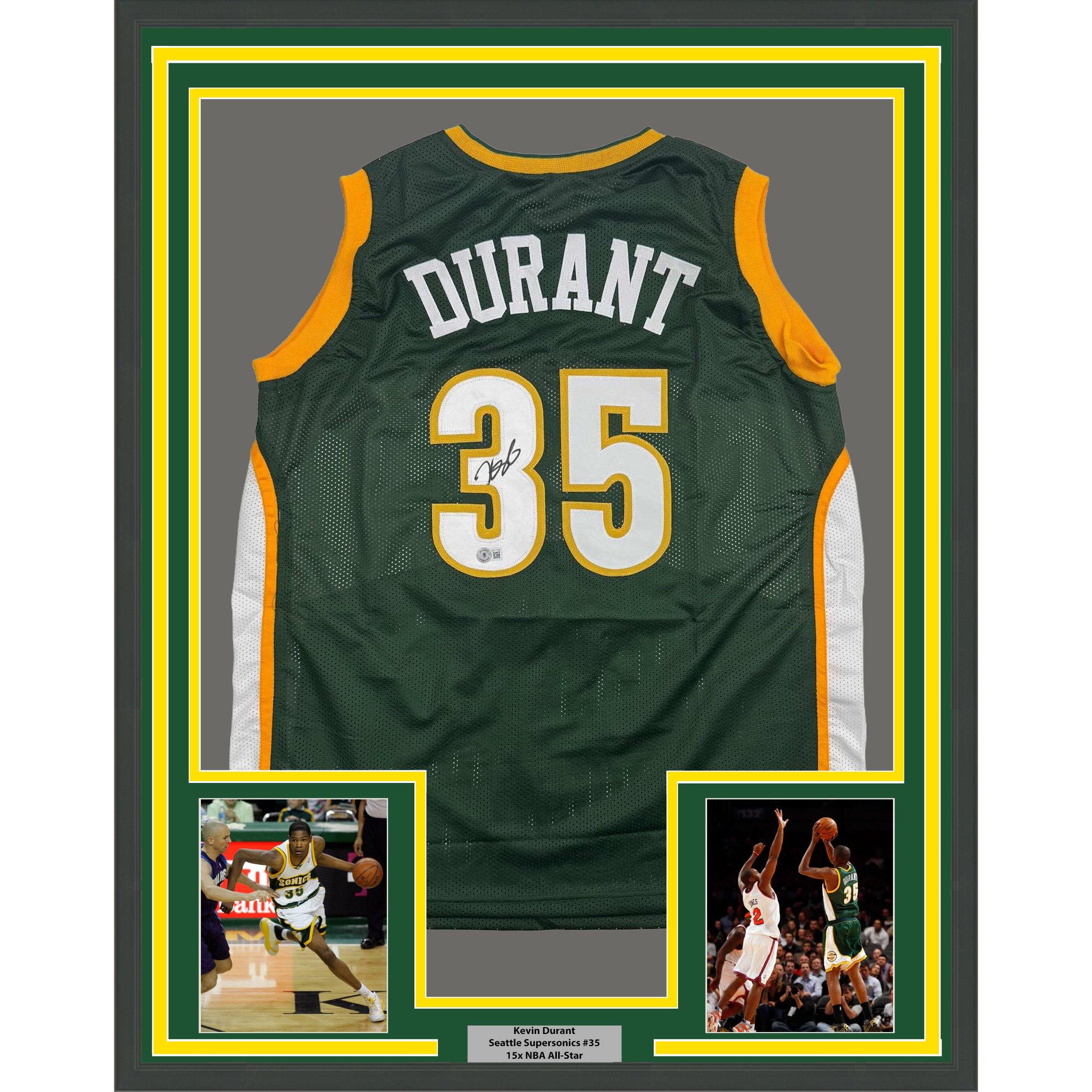 Framed Autographed/Signed Kevin Durant 35x39 Seattle Green Basketball Jersey Beckett BAS COA