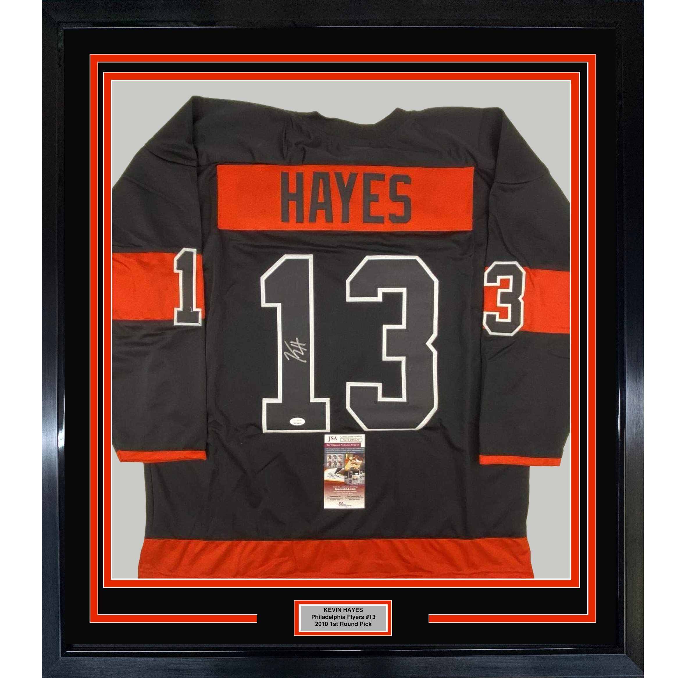Framed Autographed/Signed Kevin Hayes 35x39 Philadelphia Black Hockey Jersey JSA COA