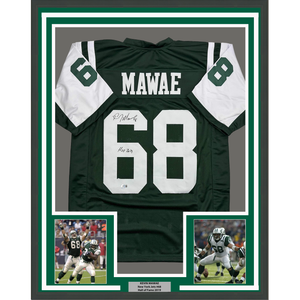 Framed Autographed/Signed Kevin Mawae 35x39 HOF 2019 New York Green Football Jersey Beckett BAS COA
