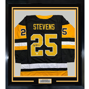 Framed Autographed/Signed Kevin Stevens 35x39 Pittsburgh Black Hockey Jersey JSA COA
