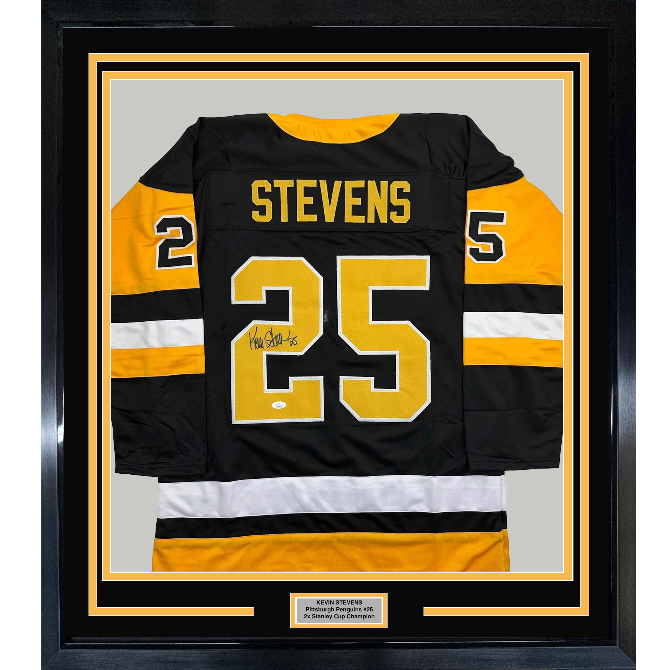 Framed Autographed/Signed Kevin Stevens 35x39 Pittsburgh Black Hockey Jersey JSA COA