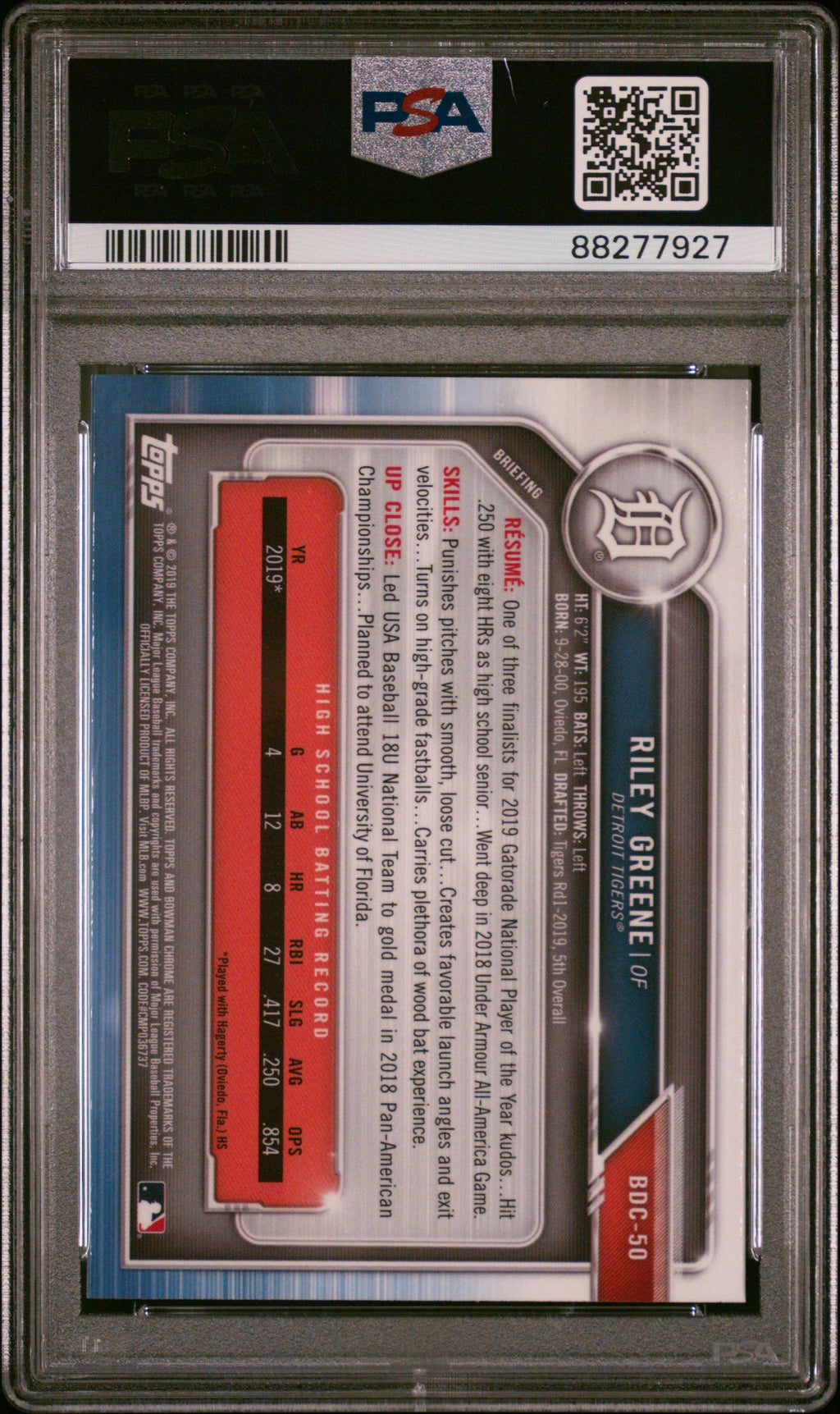 Graded 2019 Topps Bowman Draft Riley Greene #BDC50 Chrome With Bat Rookie RC Baseball Card PSA 10 Gem Mint