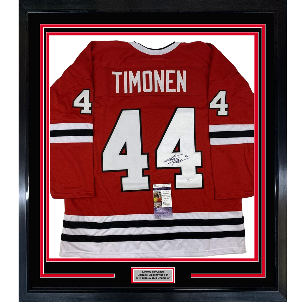 Framed Autographed/Signed Kimmo Timonen 35x39 Chicago Red Hockey Jersey JSA COA