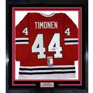 Framed Autographed/Signed Kimmo Timonen 35x39 Chicago Red Hockey Jersey JSA COA