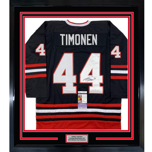Framed Autographed/Signed Kimmo Timonen 35x39 Chicago Black Hockey Jersey JSA COA