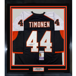 Framed Autographed/Signed Kimmo Timonen 35x39 Philadelphia Black Hockey Jersey JSA COA