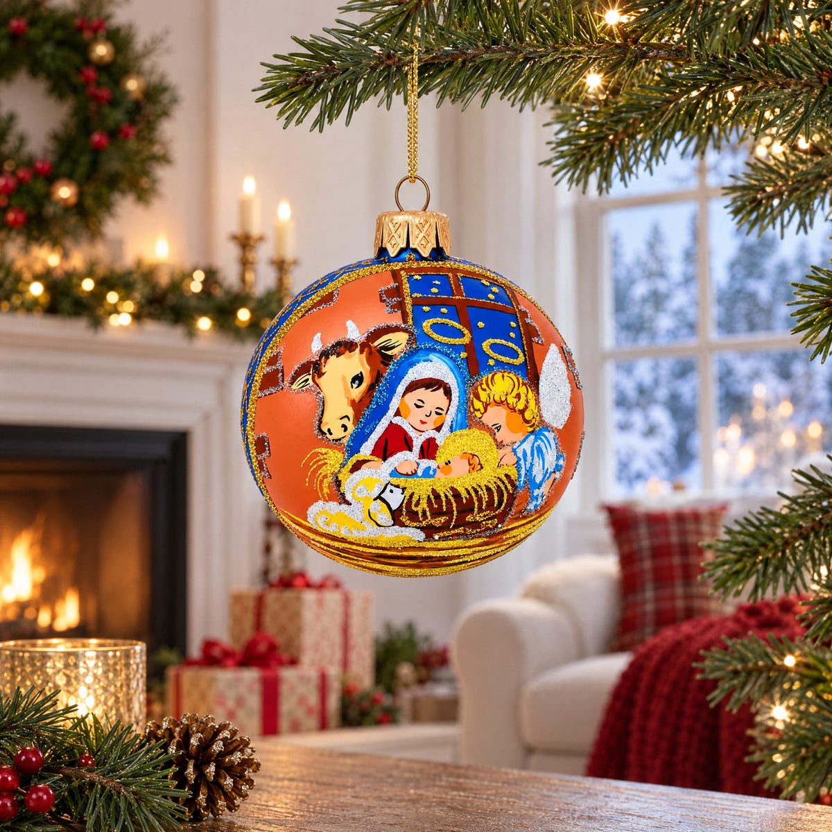 Serene Silent Night Nativity Scene- Glass Ball Christmas Ornament 3.25 Inches