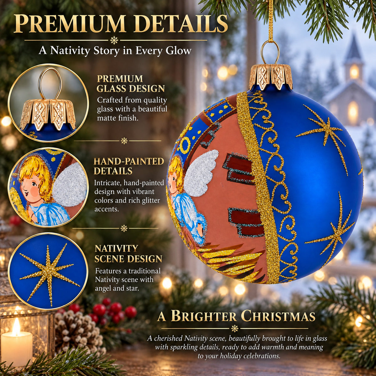 Serene Silent Night Nativity Scene- Glass Ball Christmas Ornament 3.25 Inches