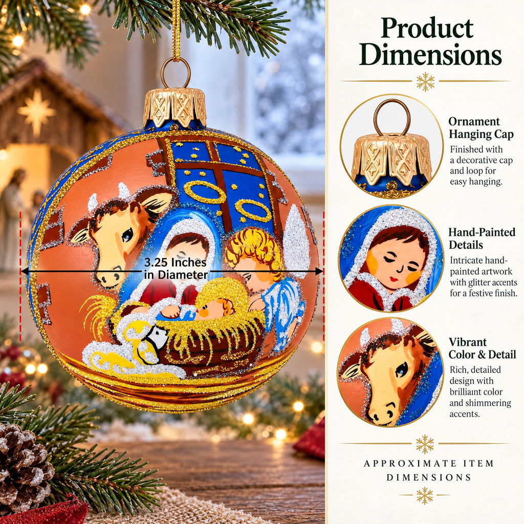 Serene Silent Night Nativity Scene- Glass Ball Christmas Ornament 3.25 Inches