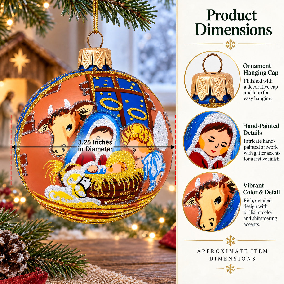 Serene Silent Night Nativity Scene- Glass Ball Christmas Ornament 3.25 Inches