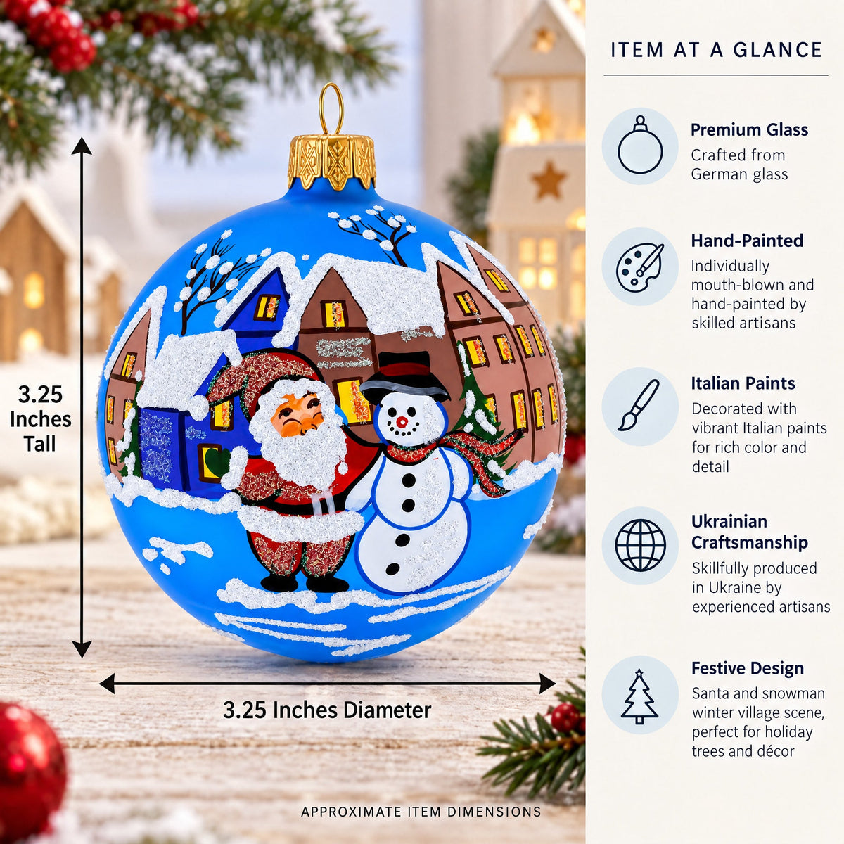 Santa & Snowman Winter Village Scene Glass Ball Christmas Ornament 3.25 Inches