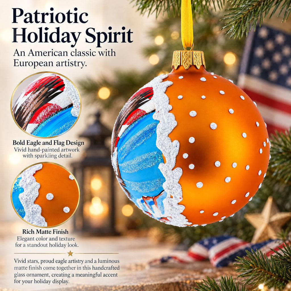 USA Flag and Bald Eagle Glass Ball Christmas Ornament 3.25 Inches