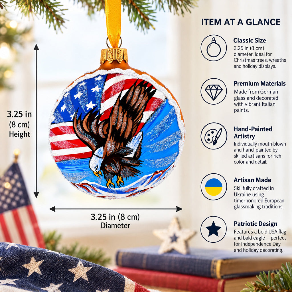 USA Flag and Bald Eagle Glass Ball Christmas Ornament 3.25 Inches