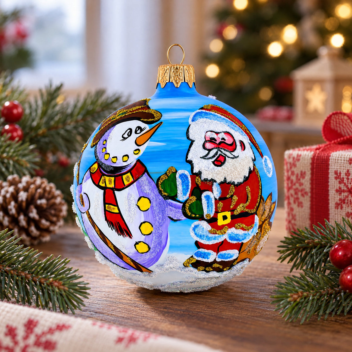 Joyful Laughing Santa with Snowman Glass Ball Christmas Ornament 3.25 Inches
