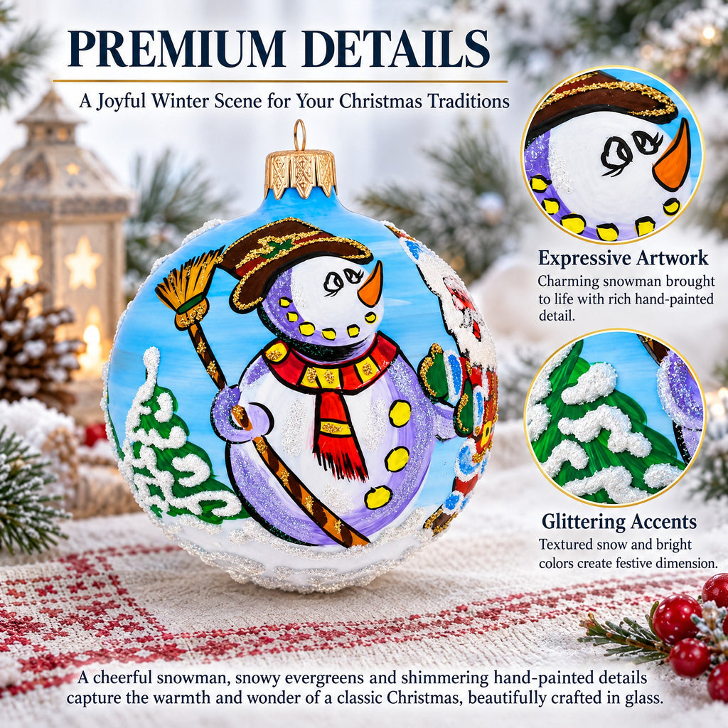 Joyful Laughing Santa with Snowman Glass Ball Christmas Ornament 3.25 Inches