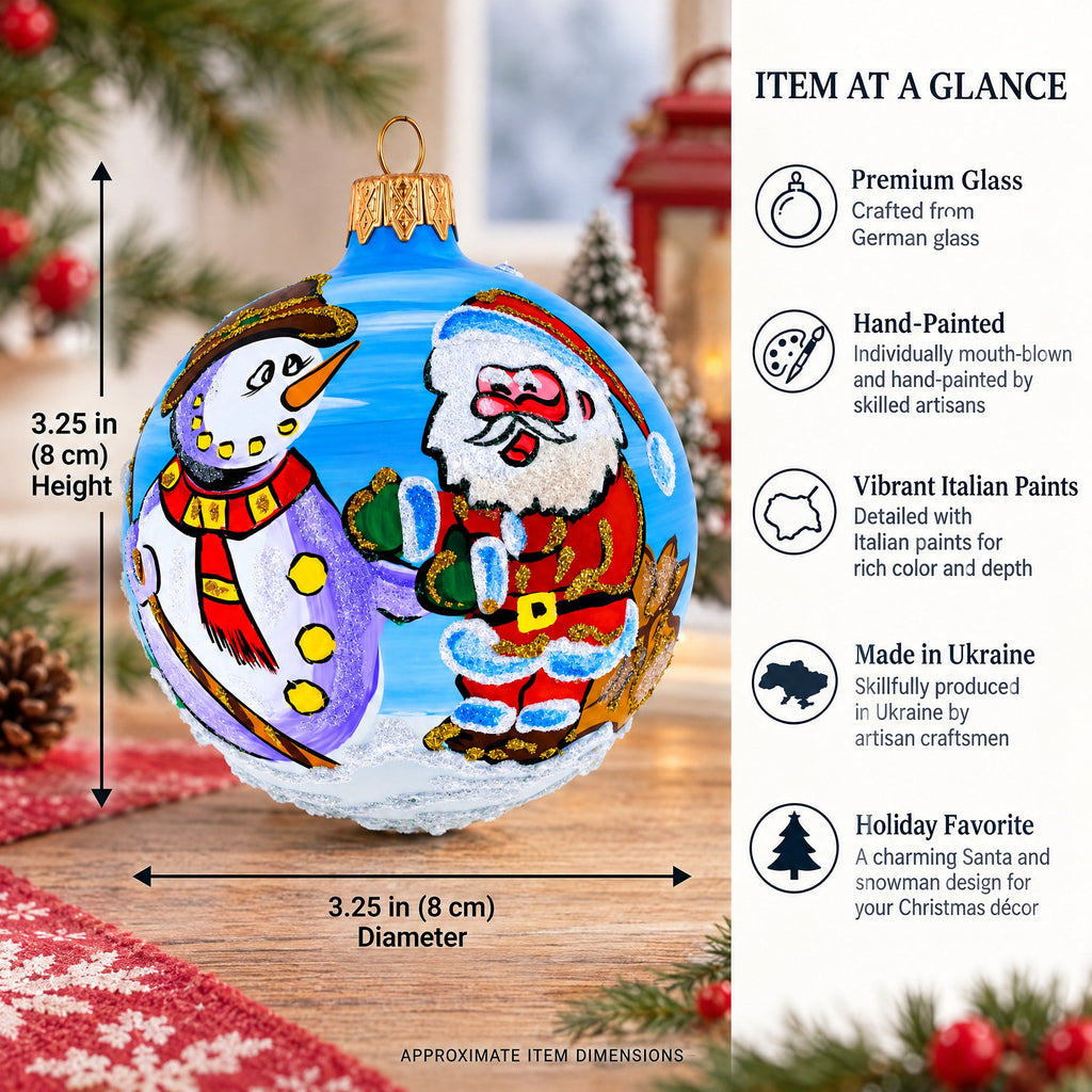 Joyful Laughing Santa with Snowman Glass Ball Christmas Ornament 3.25 Inches