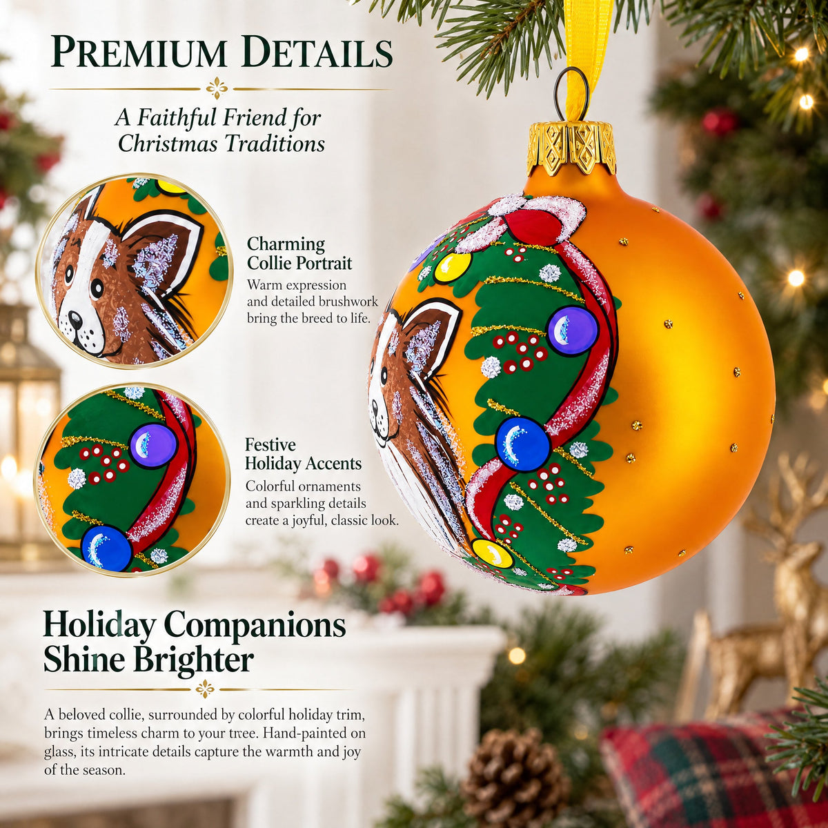 Collie Dog Glass Ball Christmas Ornament 3.25 Inches