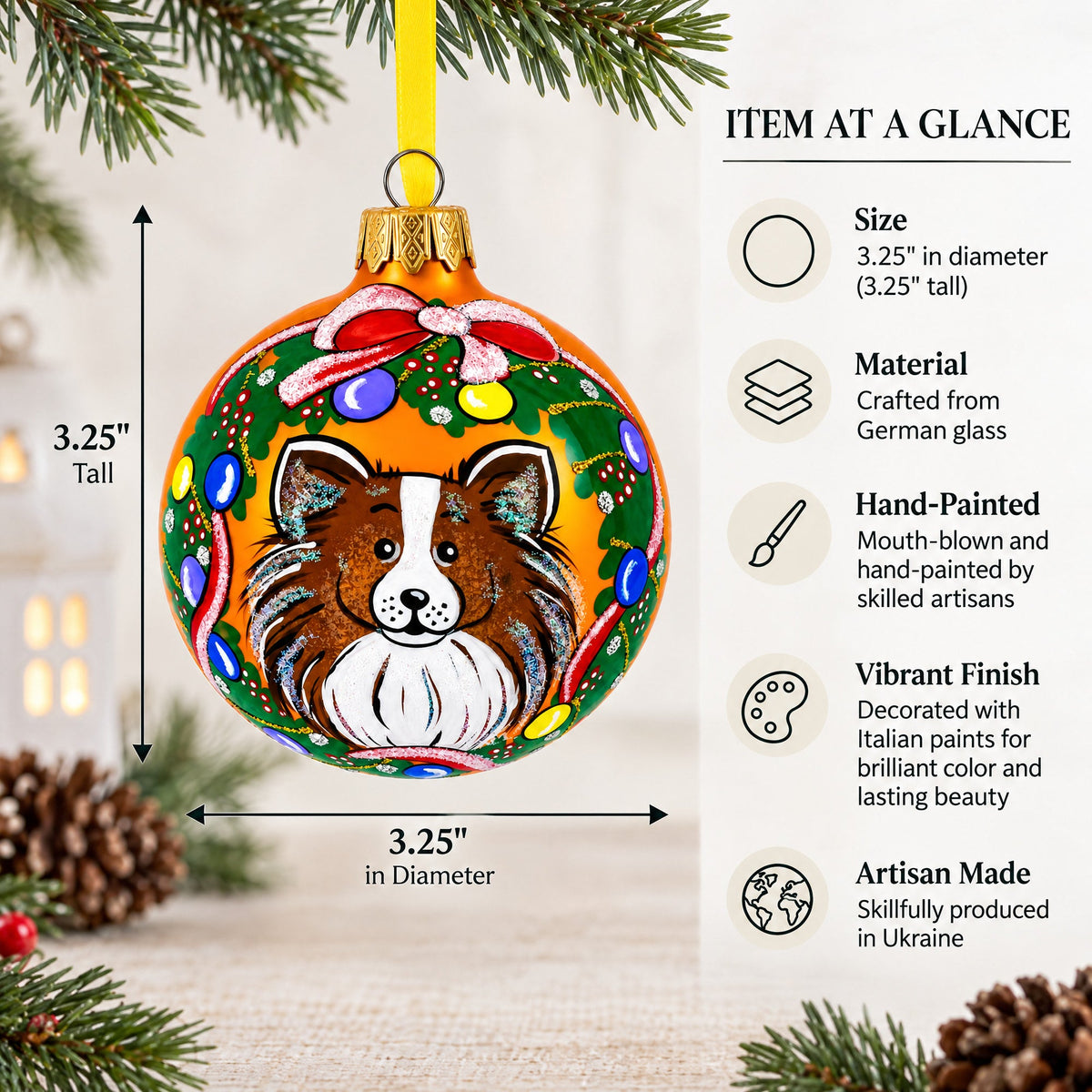 Collie Dog Glass Ball Christmas Ornament 3.25 Inches