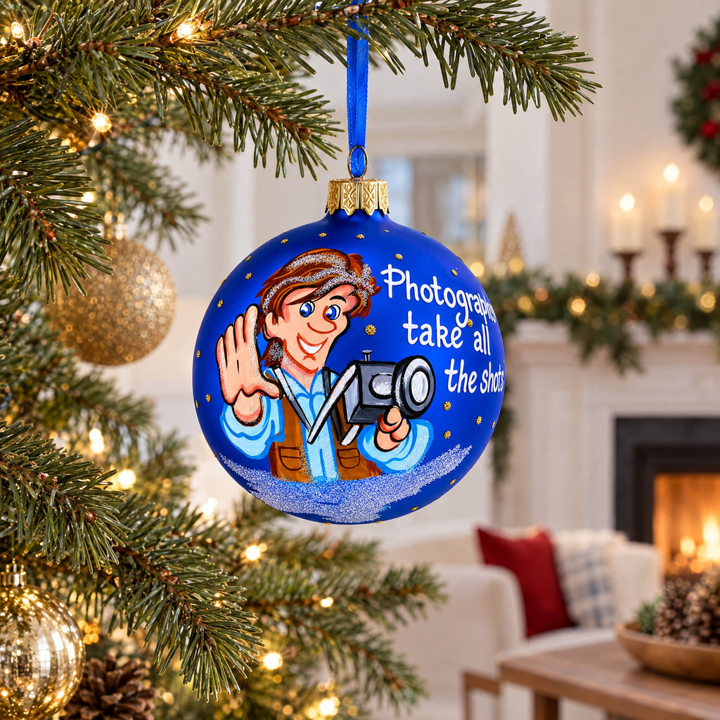 Photographer Holding Camera Glass Christmas Ornament 3.25 Inches