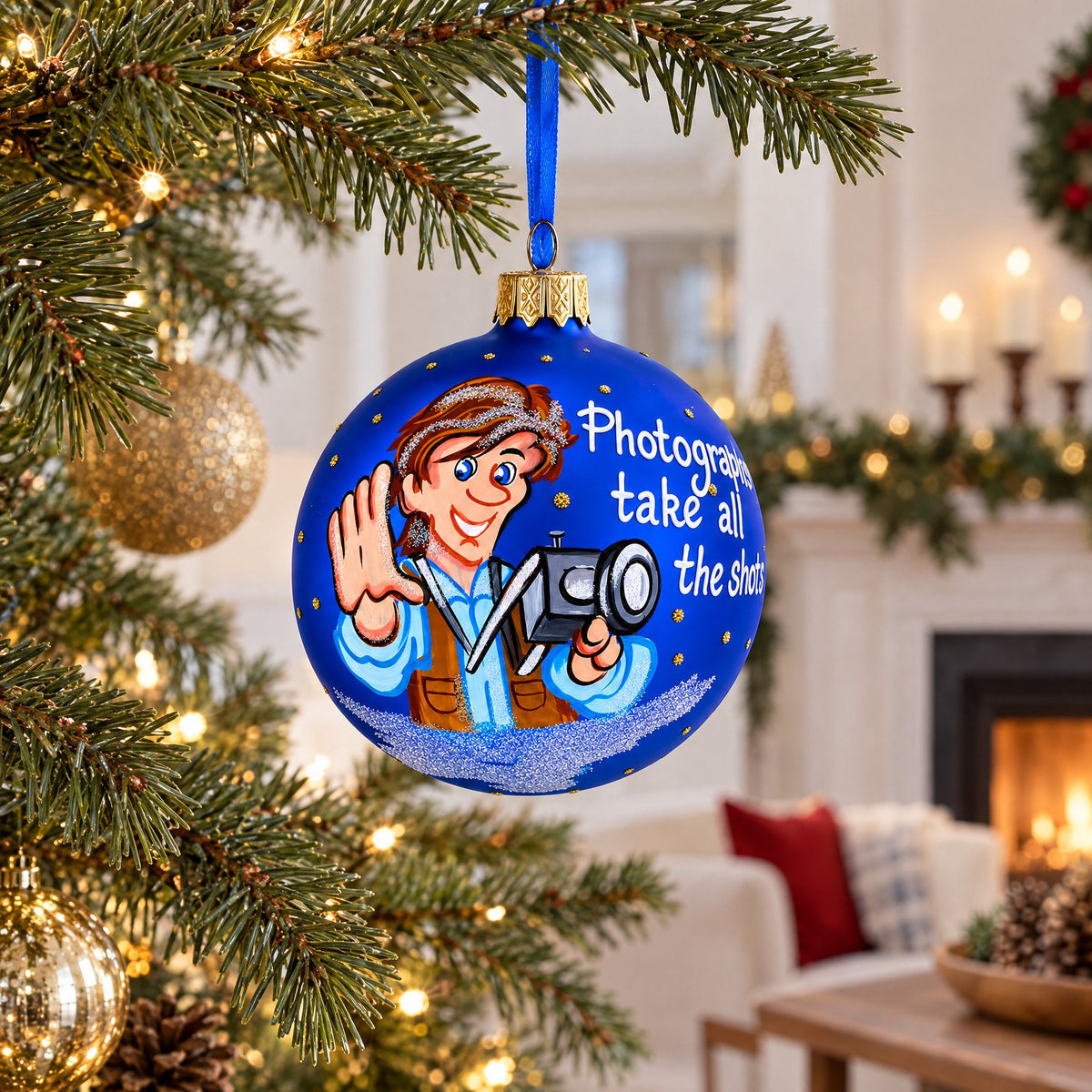 Photographer Holding Camera Glass Christmas Ornament 3.25 Inches
